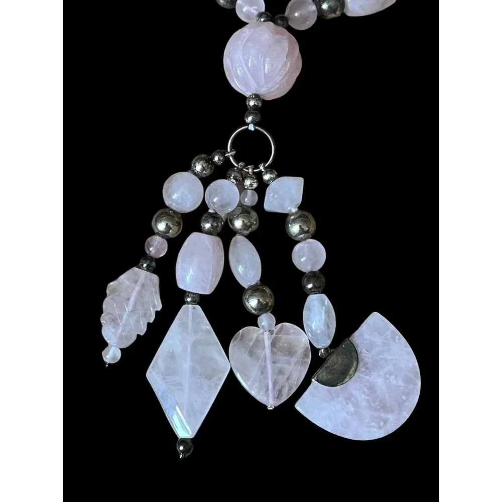Vintage Rose Quartz Beaded Necklace w/Charms & Silver Accent Beads - Picture 3 of 16